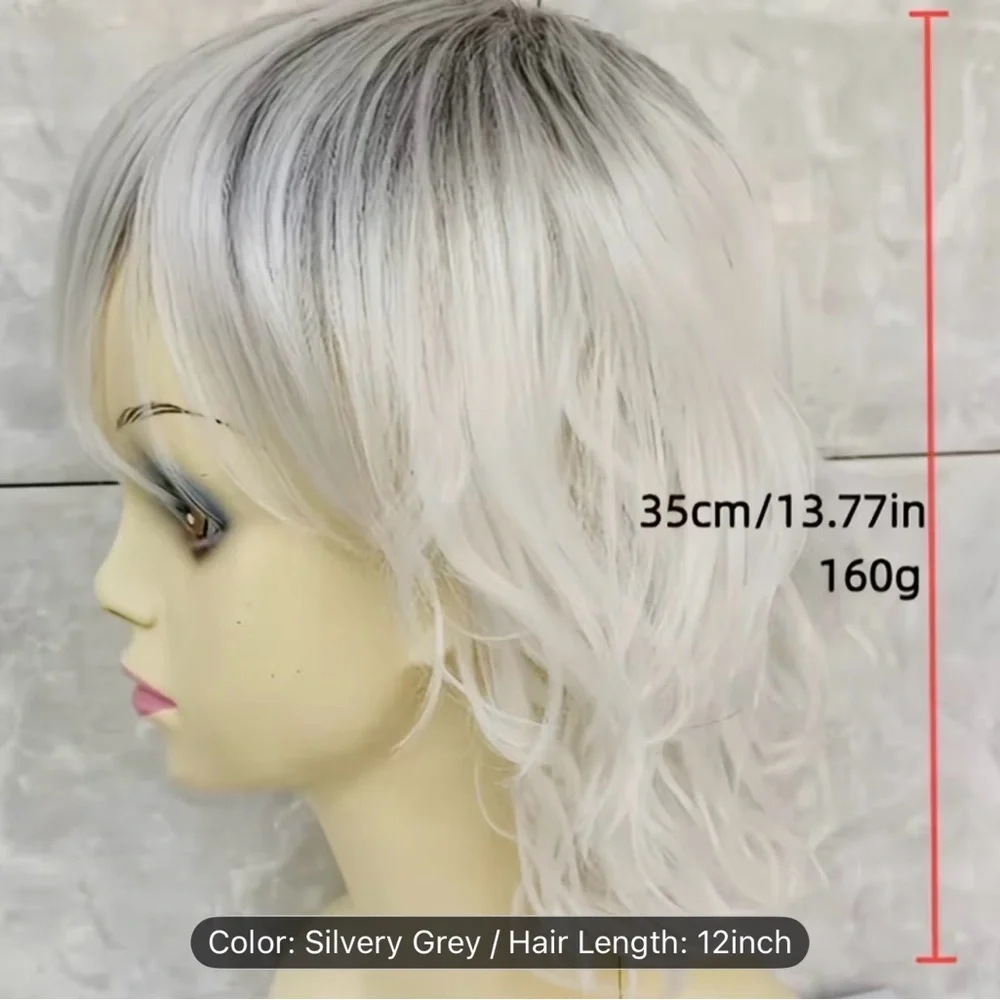 Silvery Grey Platinum Blonde Curly Women's 12” Wig with Bangs - Picture 4 of 16